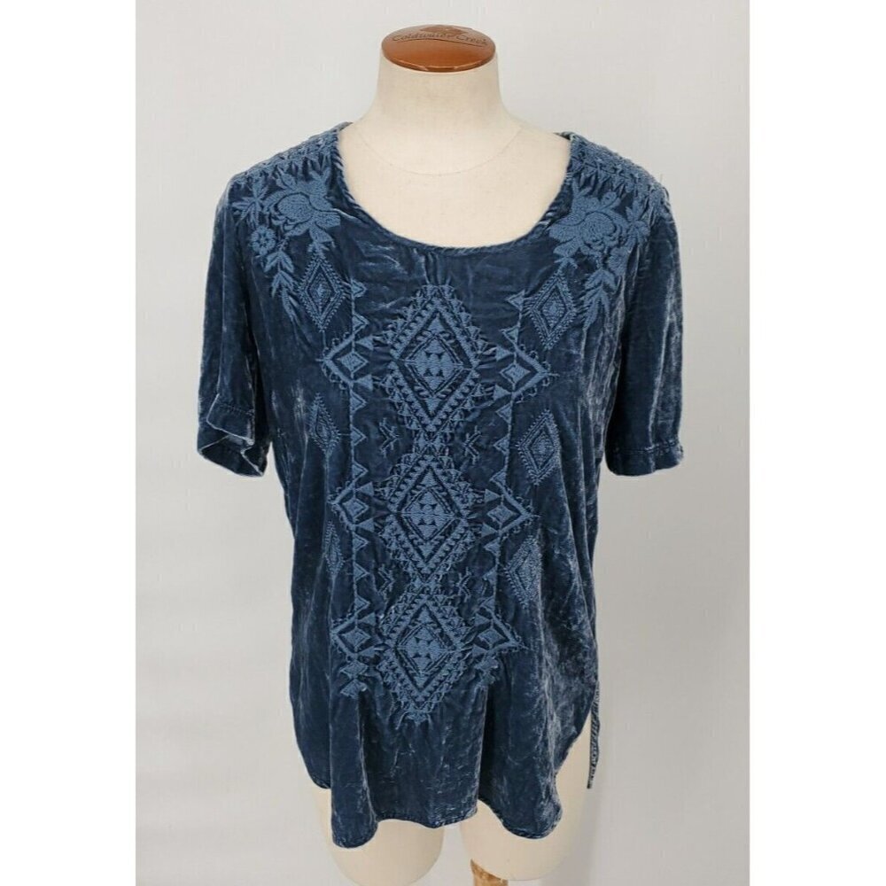 Johnny Was Los Angeles Green Blue ? Velvet Embroider Short Sleeve Top Size XS